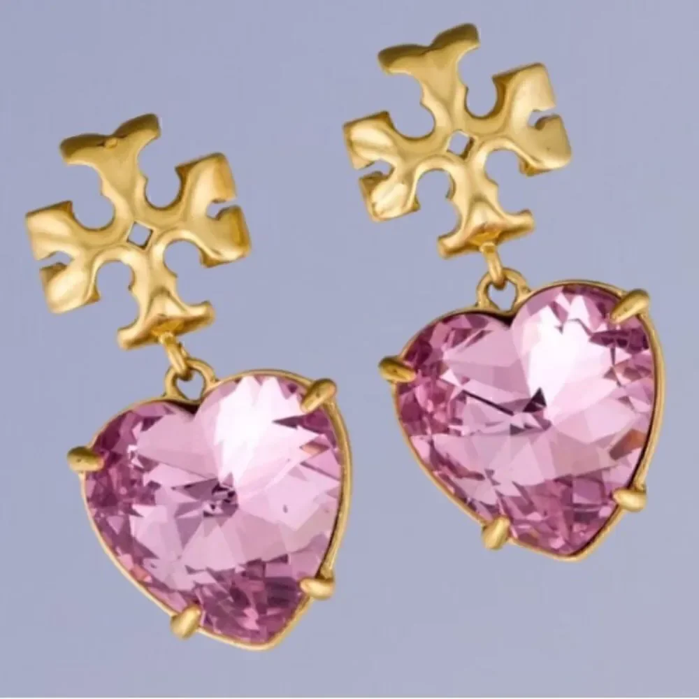 TORY BURCH ROXANNE PINK HEART CRYSTAL DIAMOND EARRINGS